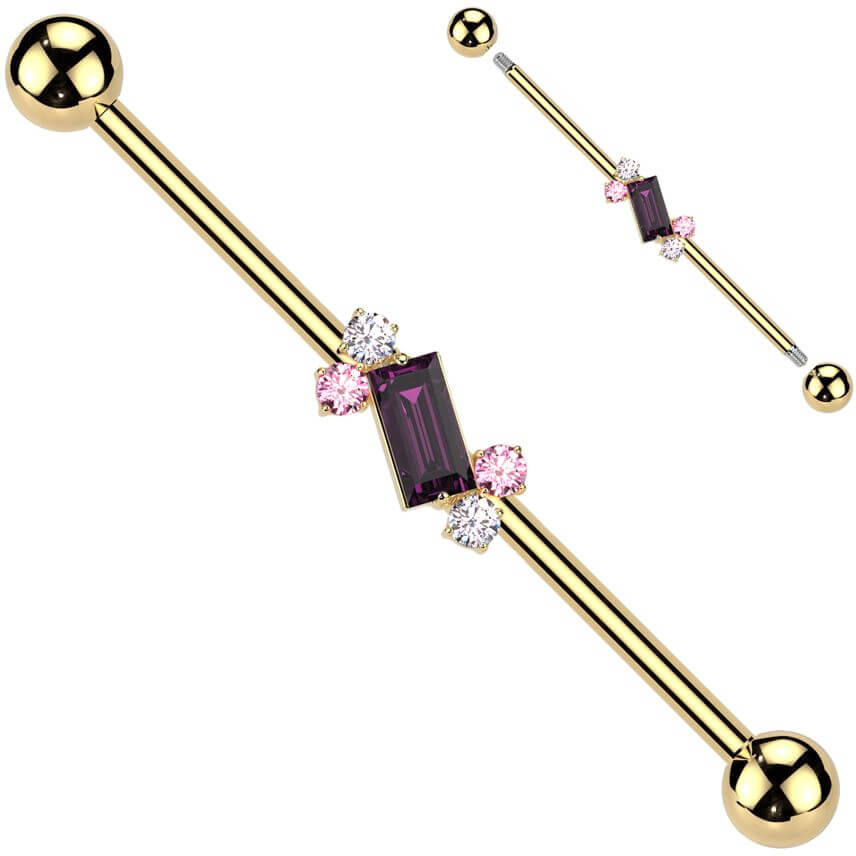 Industrial Barbell 4 round zirconias baguette cut zirconia