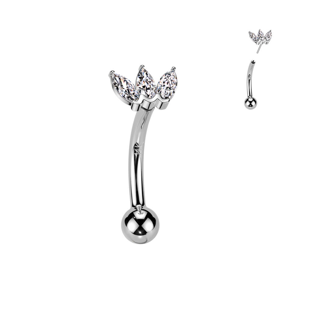 Solid Gold 14 Carat Eyebrow Piercing triple marquise cut zirconia