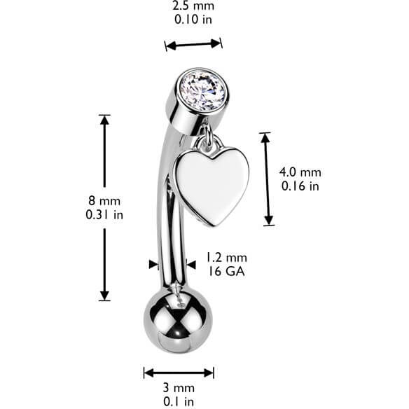 Solid Gold 14 Carat Eyebrow Piercing heart zirconia dangle Push-In