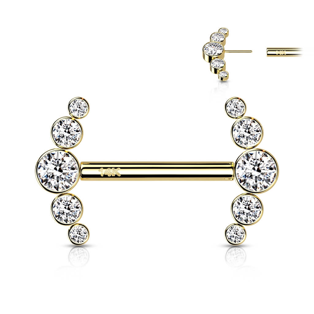 Oro 14 kt Piercing Capezzolo 5 Zirconi Push-In
