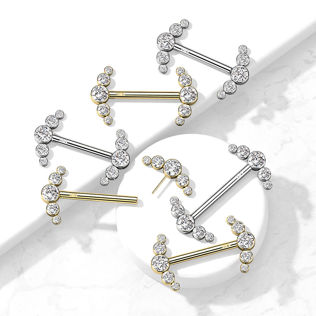 Oro 14 kt Piercing Capezzolo 5 Zirconi Push-In