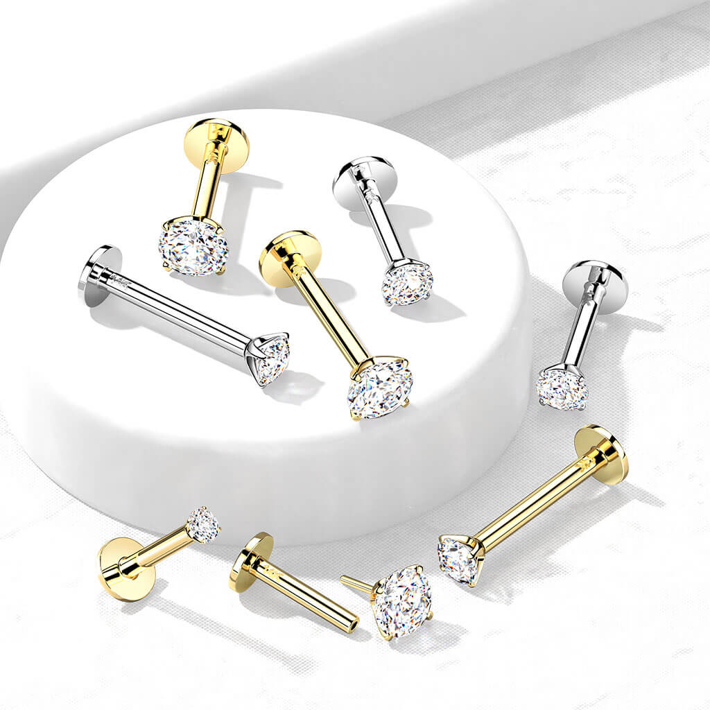 Oro 14 kt Labret Zircone rotondo Push-In