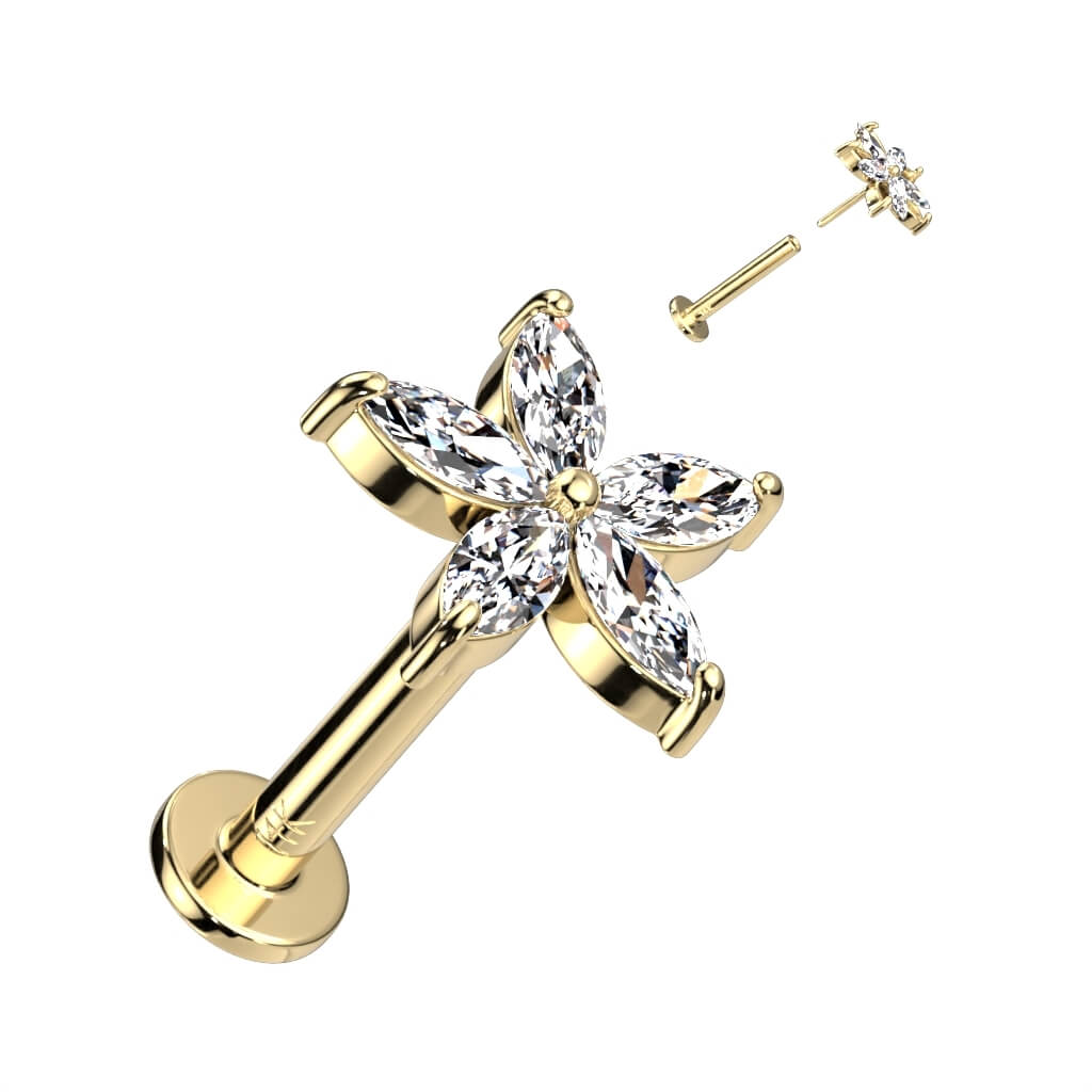 Oro 14 kt Labret Fiore di zirconi Push-In