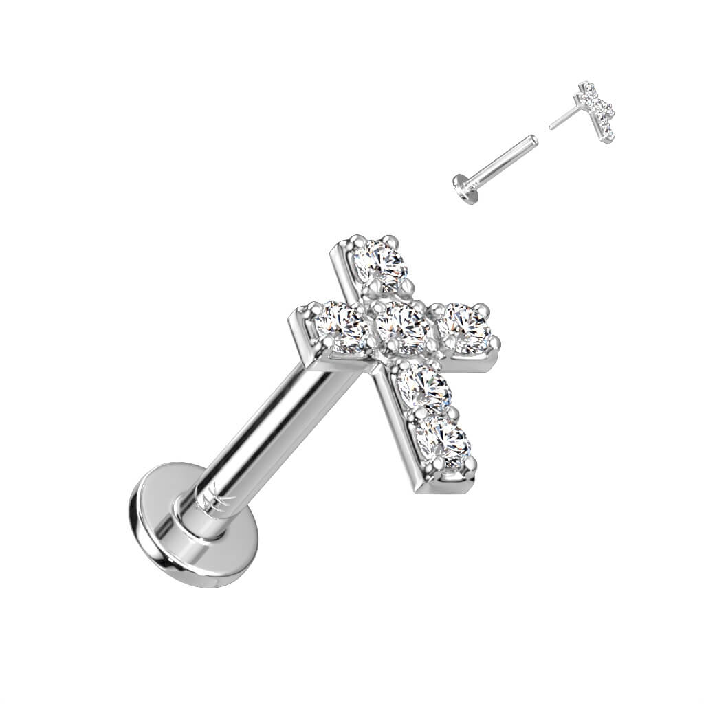 14 Karat Gold Labret Kreuz Zirkonia Gelbgold Weißgold Push-In