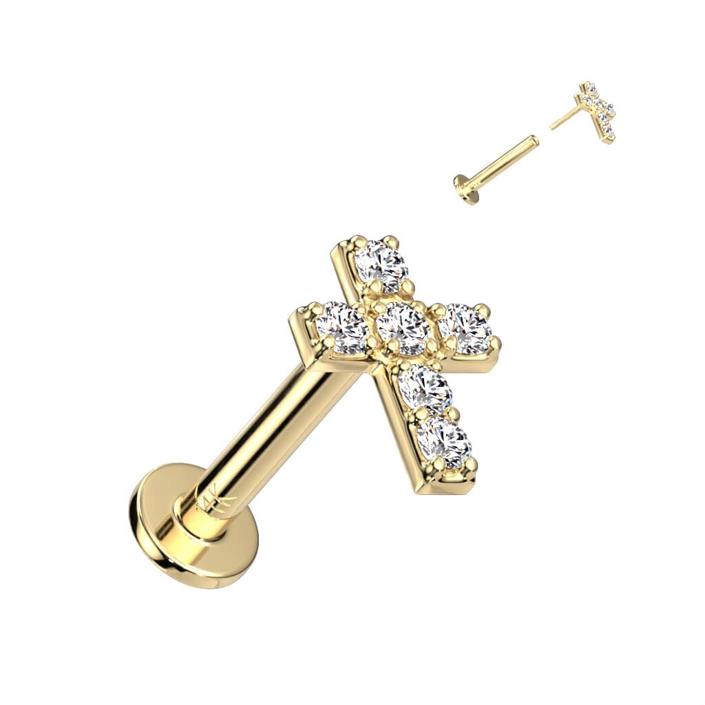 14 Karat Gold Labret Kreuz Zirkonia Gelbgold Weißgold Push-In