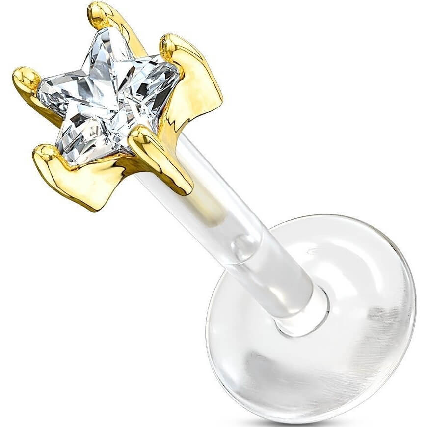 Oro 14 kt Labret Zircone a fiore Push-In