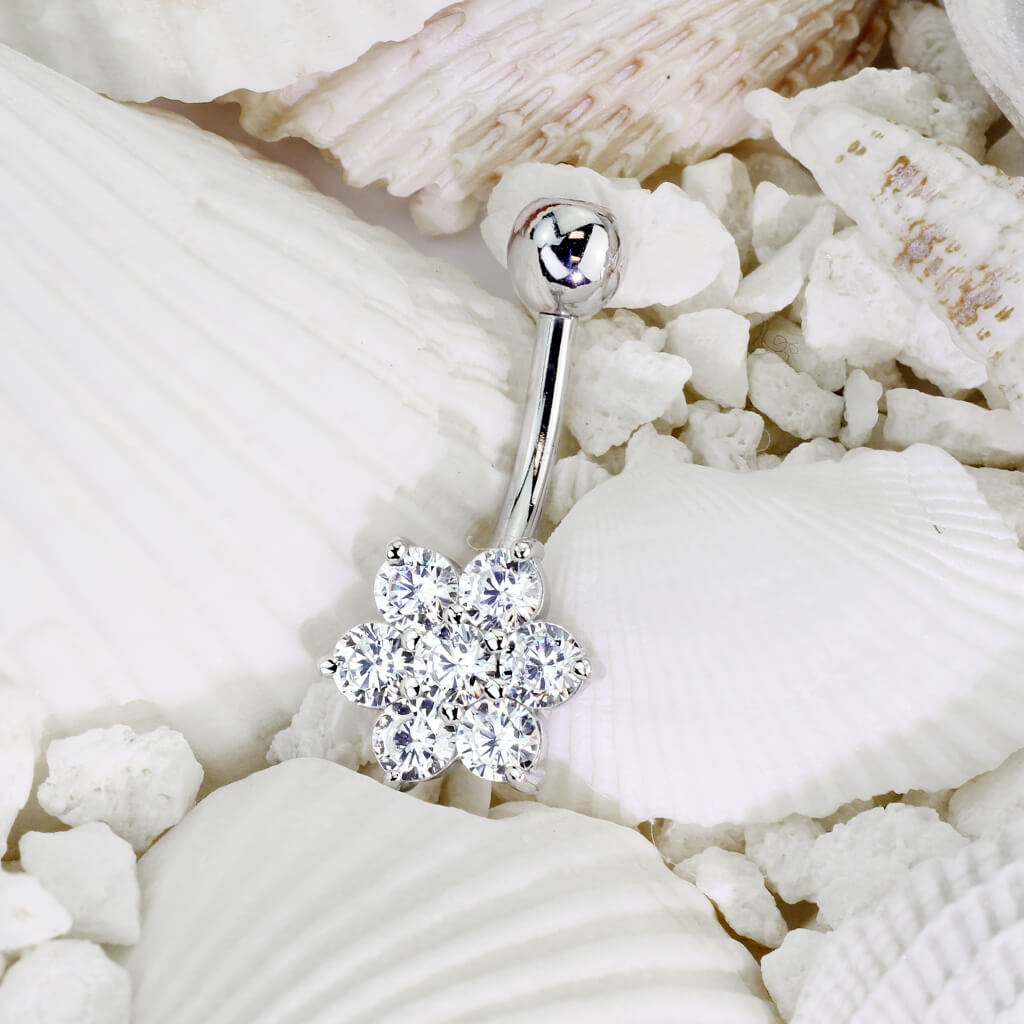 Oro 14 kt Piercing Ombelico Fiore di zirconi
