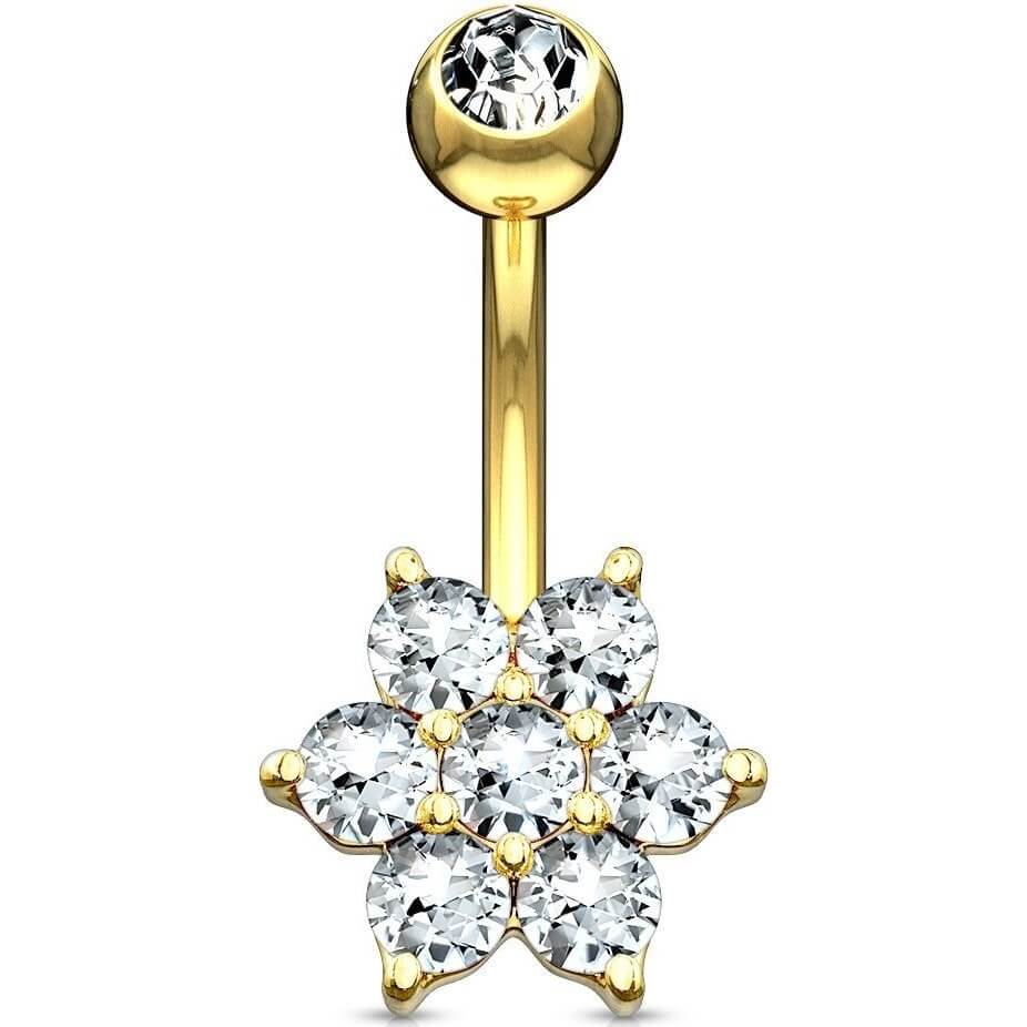 Oro 14 kt Piercing Ombelico Fiore di zirconi
