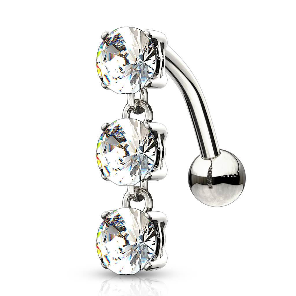 Oro 14 kt Piercing Ombelico Pendente con 3 Zirconi