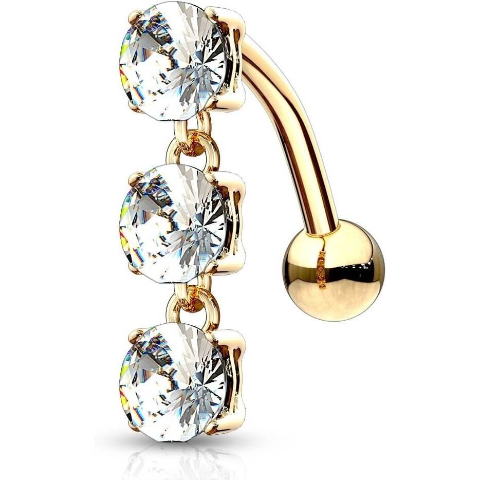Oro 14 kt Piercing Ombelico Pendente con 3 Zirconi
