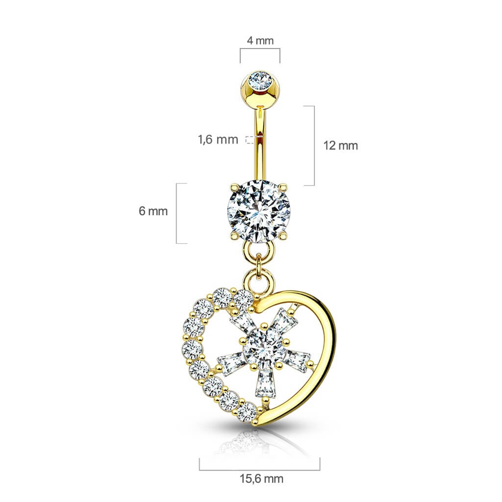 Or 14kt Piercing Nombril Pendentif Cœur Zircone