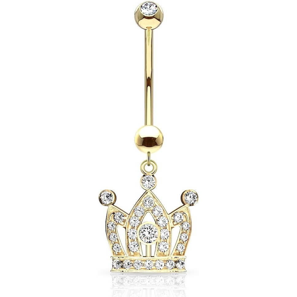 Solid Gold 14 Carat Belly Button Piercing Crown dangle cubic Zirconia