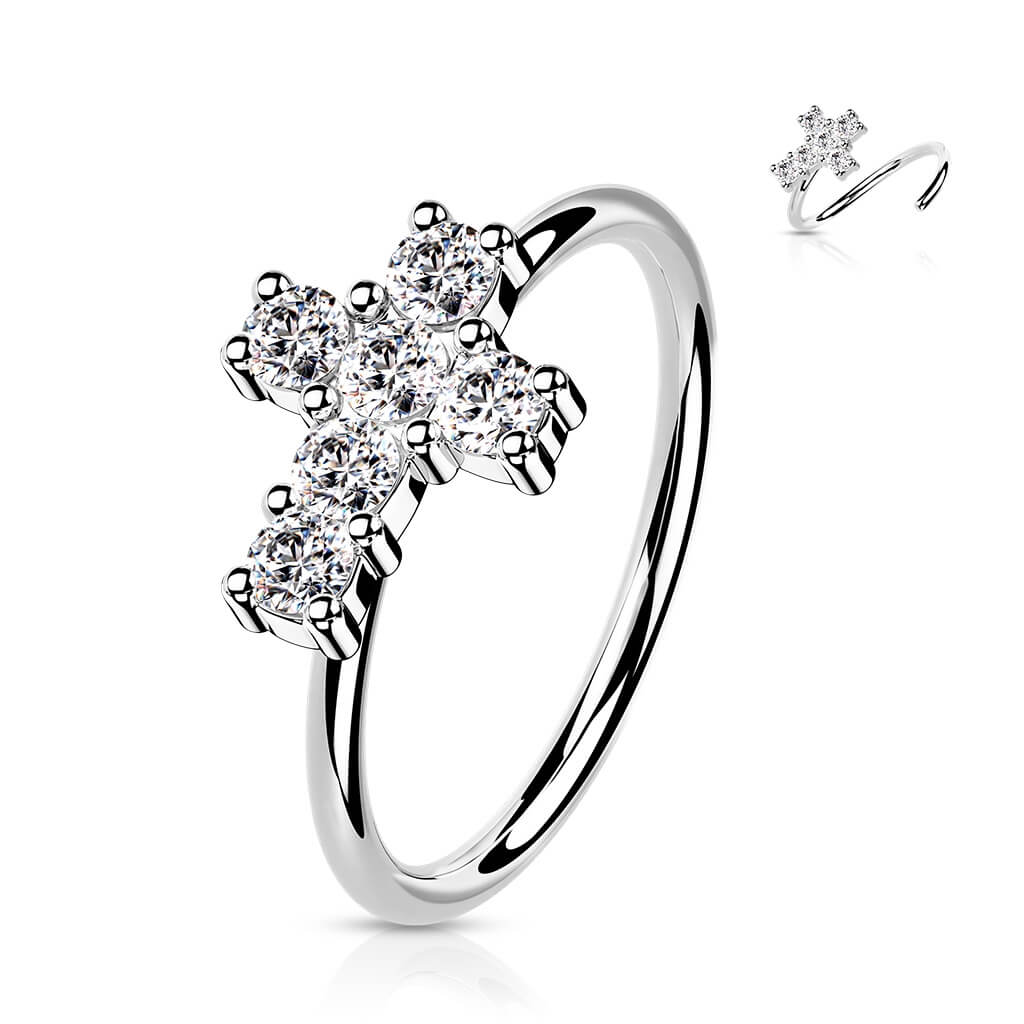 Oro 14 kt Anello Piercing Croce di Zirconi Pieghevole