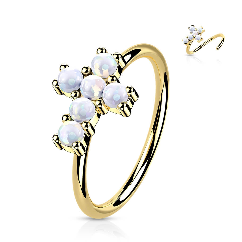 Oro 14 kt Anello Piercing Croce di Zirconi Pieghevole