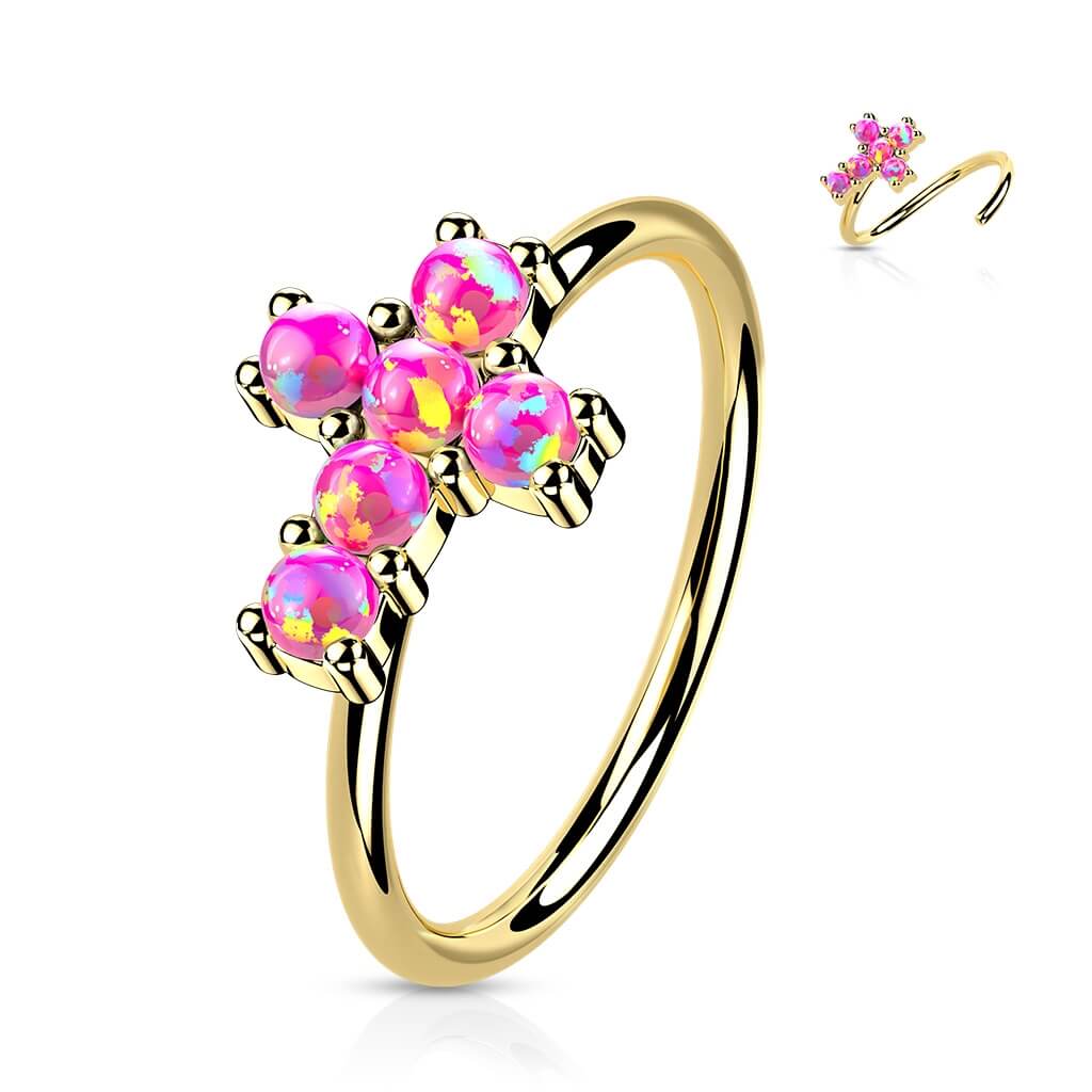 Oro 14 kt Anello Piercing Croce di Zirconi Pieghevole