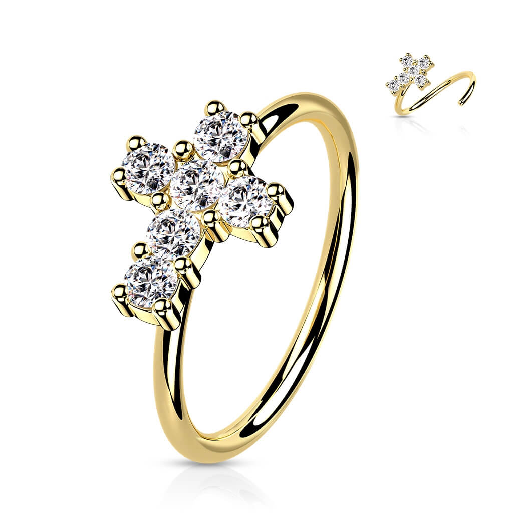 Oro 14 kt Anello Piercing Croce di Zirconi Pieghevole