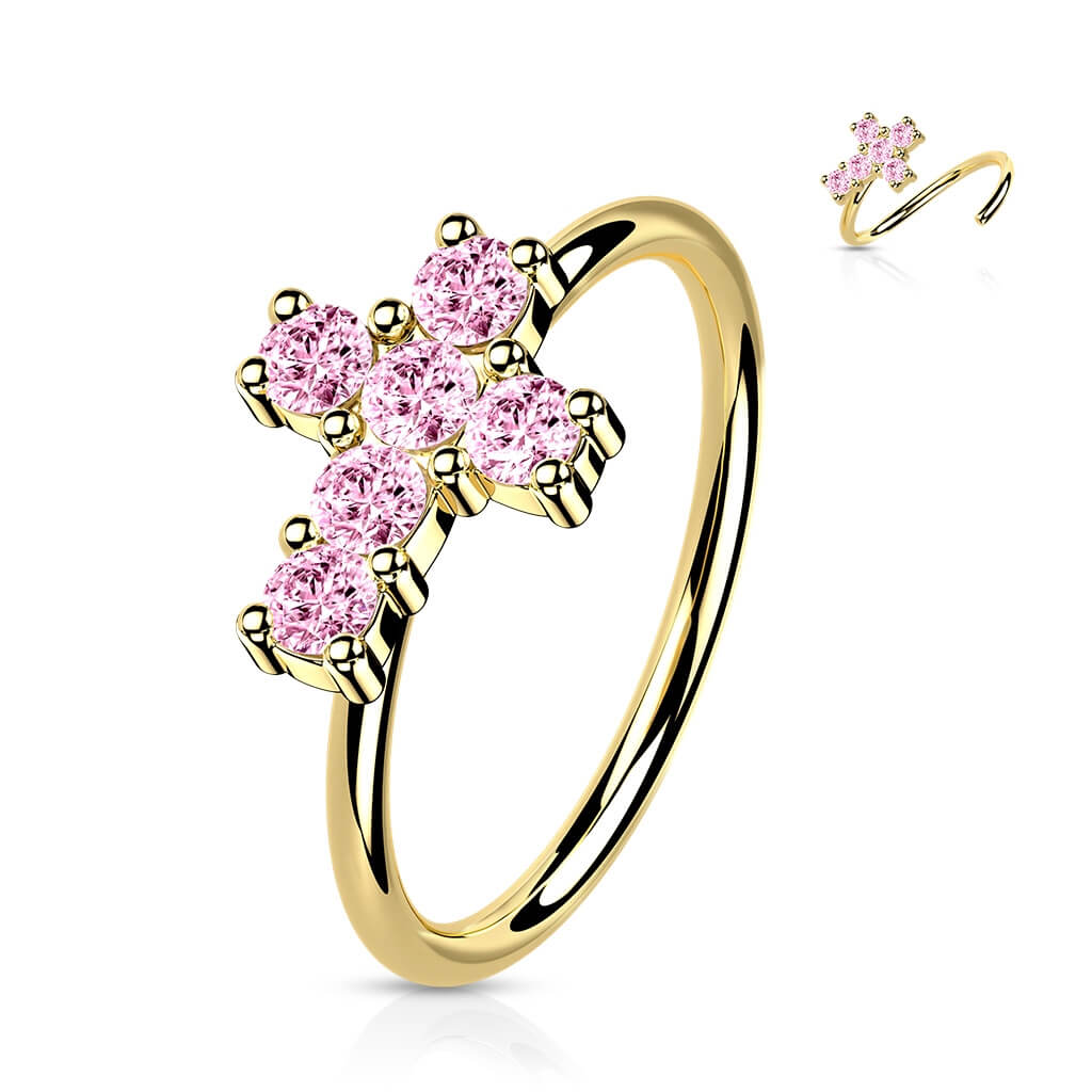 Oro 14 kt Anello Piercing Croce di Zirconi Pieghevole