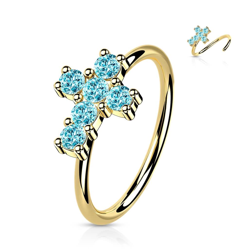Oro 14 kt Anello Piercing Croce di Zirconi Pieghevole