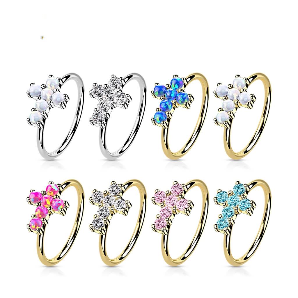 Oro 14 kt Anello Piercing Croce di Zirconi Pieghevole