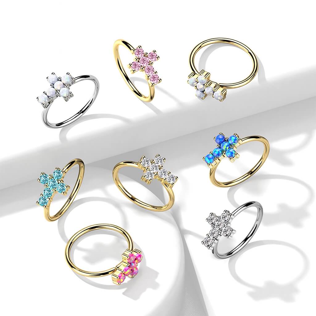 Oro 14 kt Anello Piercing Croce di Zirconi Pieghevole