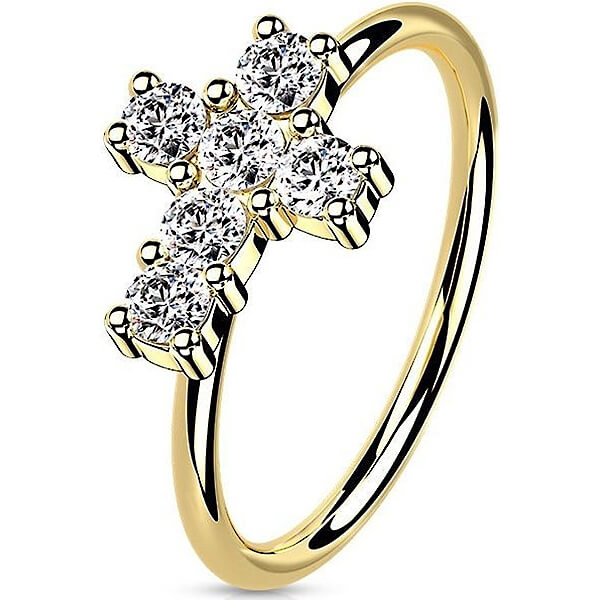Oro 14 kt Anello Piercing Croce di Zirconi Pieghevole