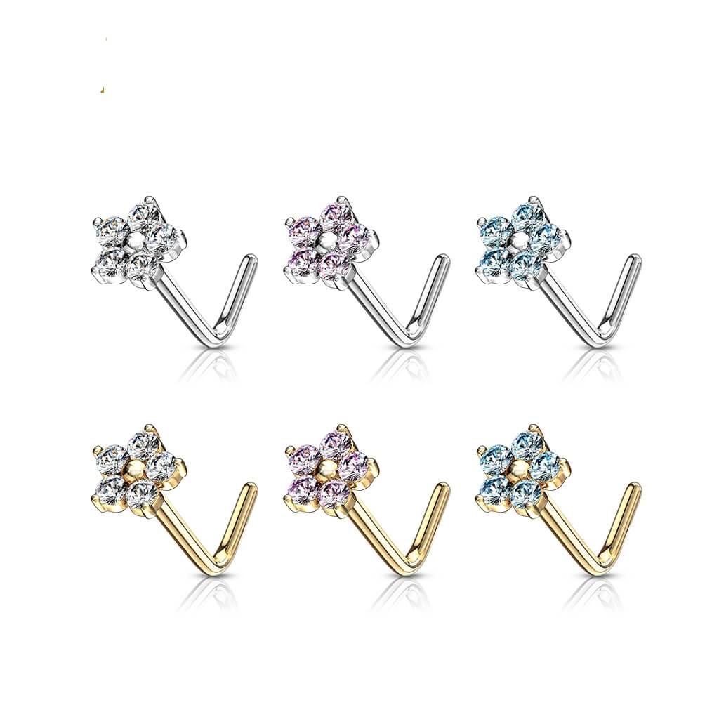14 Karat Gold Nasenstecker L-Form Blume Zirkonia Gelbgold Weißgold
