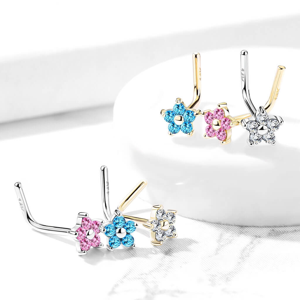 14 Karat Gold Nasenstecker L-Form Blume Zirkonia Gelbgold Weißgold
