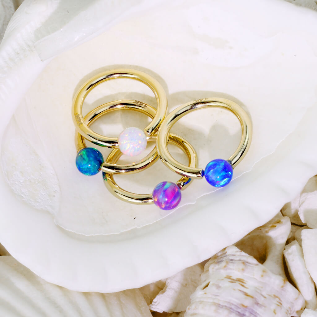 Oro 14 kt Anello Piercing Opale a sfera Perla Prigioniera