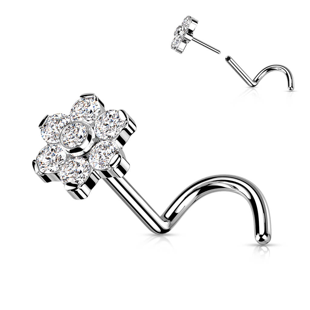 Titanio Screw Nasale Fiore di Zirconi / Opali / Argento Push-In