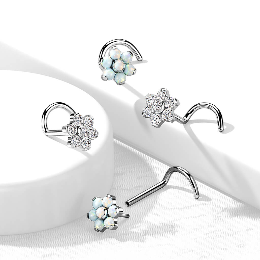 Titanio Screw Nasale Fiore di Zirconi / Opali / Argento Push-In