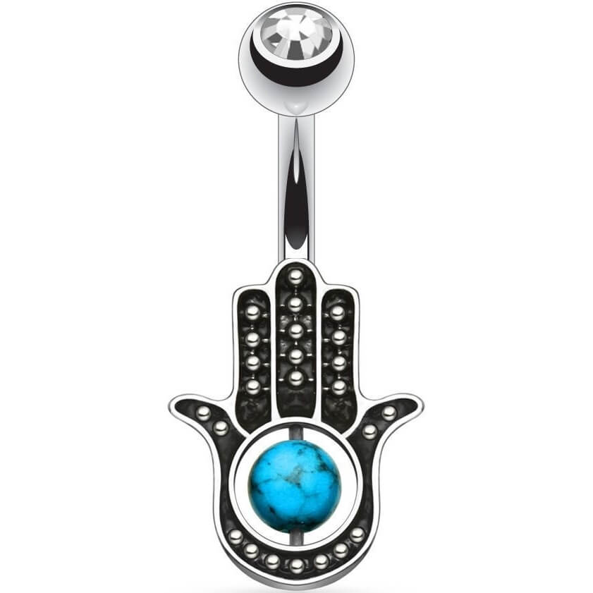 Piercing Ombelico Zircone con Hamsa e turchese
