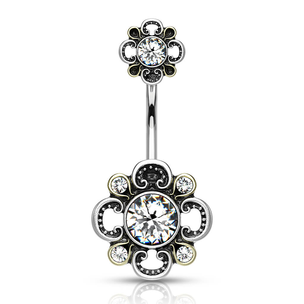 Belly Button Piercing Flower Zirconia Silver