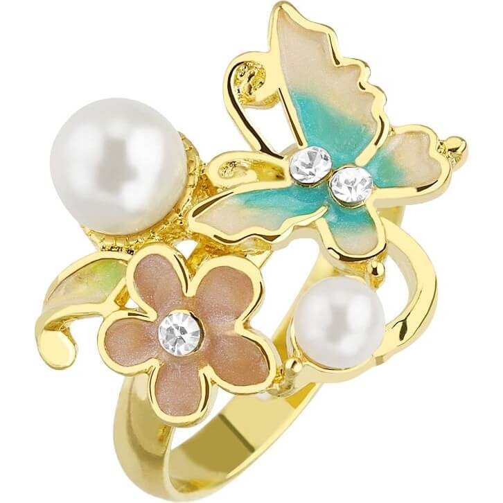 Ajustable de oro con la flor y la mariposa con circonita y perlas