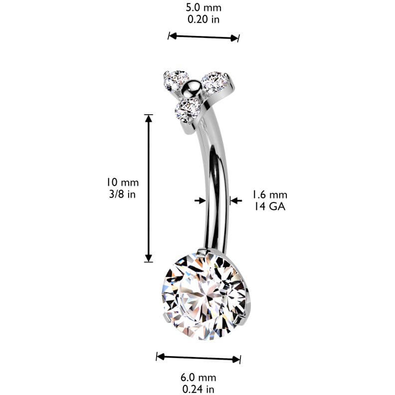 Titanium Belly Button Piercing round zirconia 3 small zirconias Internally Threaded