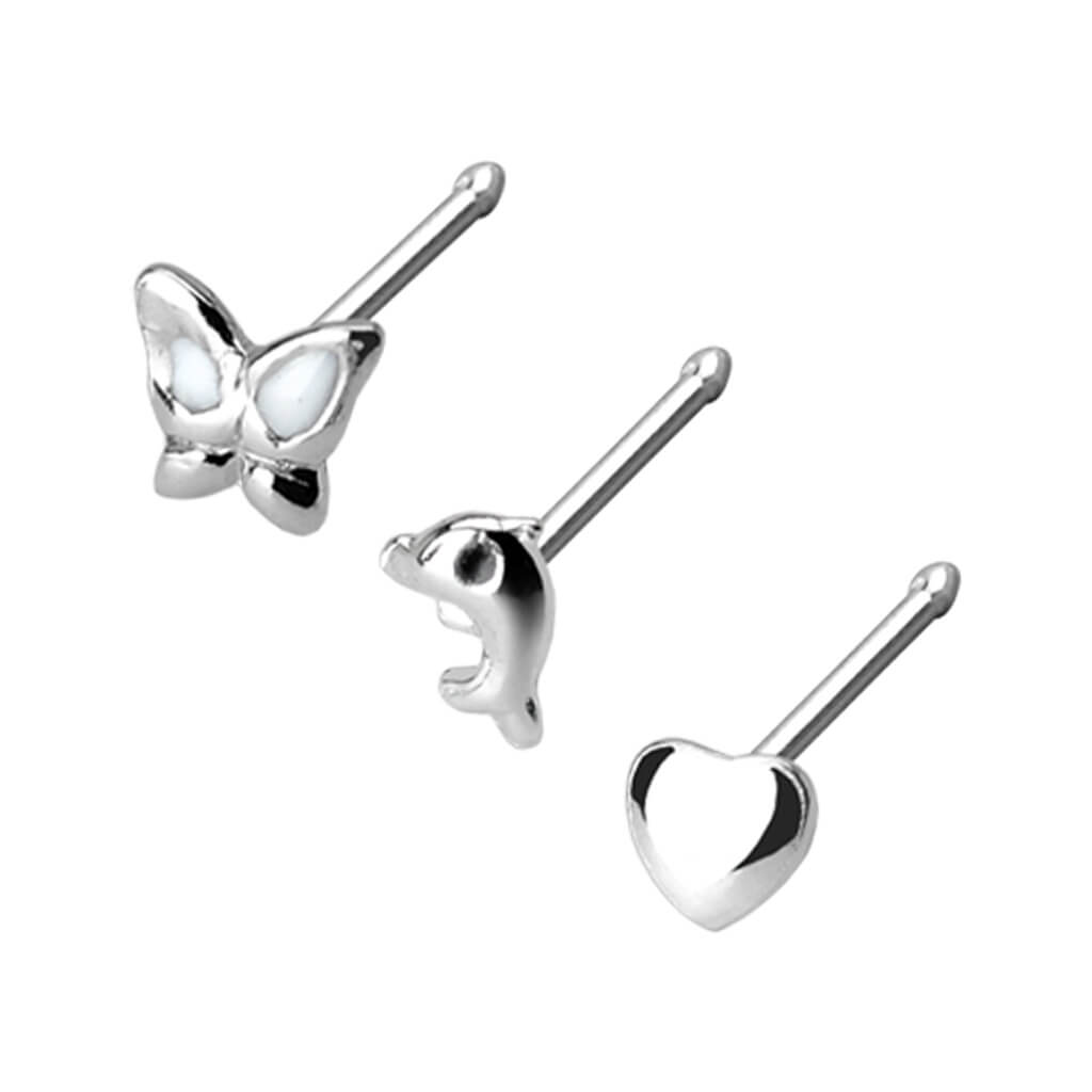 Plata 925 Nariz Stud Pack Mariposa Corazón Delfín Plata