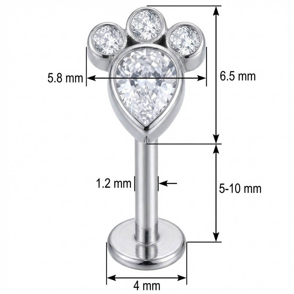 Titanium Labret Sparkling Crystal Paw Print Internally Threaded