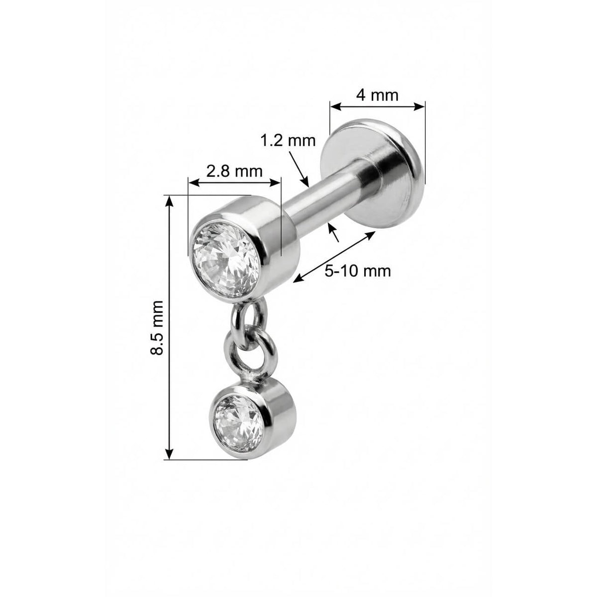 Titanium Labret Double Round Crystal Dangle Internally Threaded
