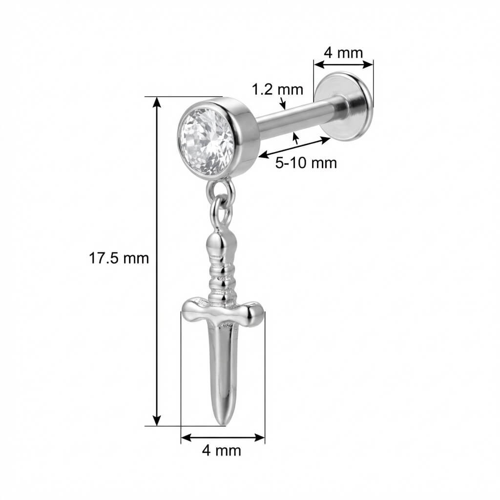 Titanium Labret Dangling Dagger With Clear Crystal Internally Threaded