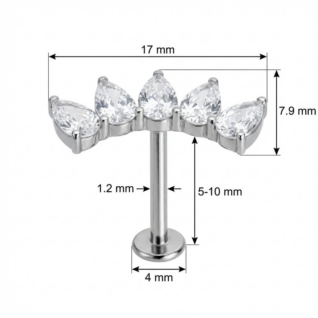 Titanium Labret Curved Five Teardrop Crystal Cluster Internally Threaded