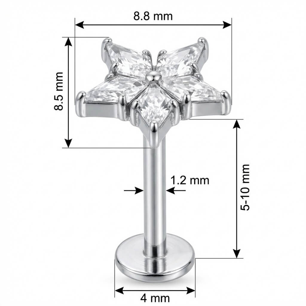 Titanium Labret Five Point Crystal Star Internally Threaded