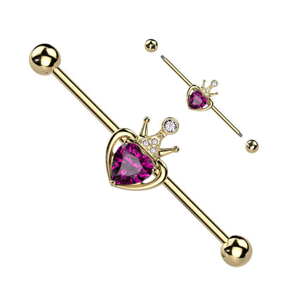 Barbell Industrial Corazón rosa con Corona Circonita PVD