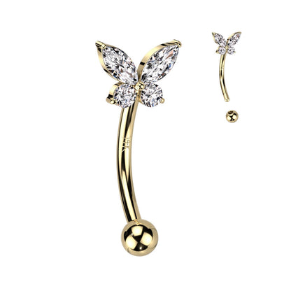 Solid Gold 14 Carat Eyebrow Piercing Butterfly Zirconia