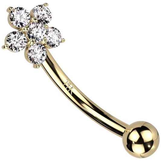 Solid Gold 14 Carat Eyebrow Piercing Flower Zirconia