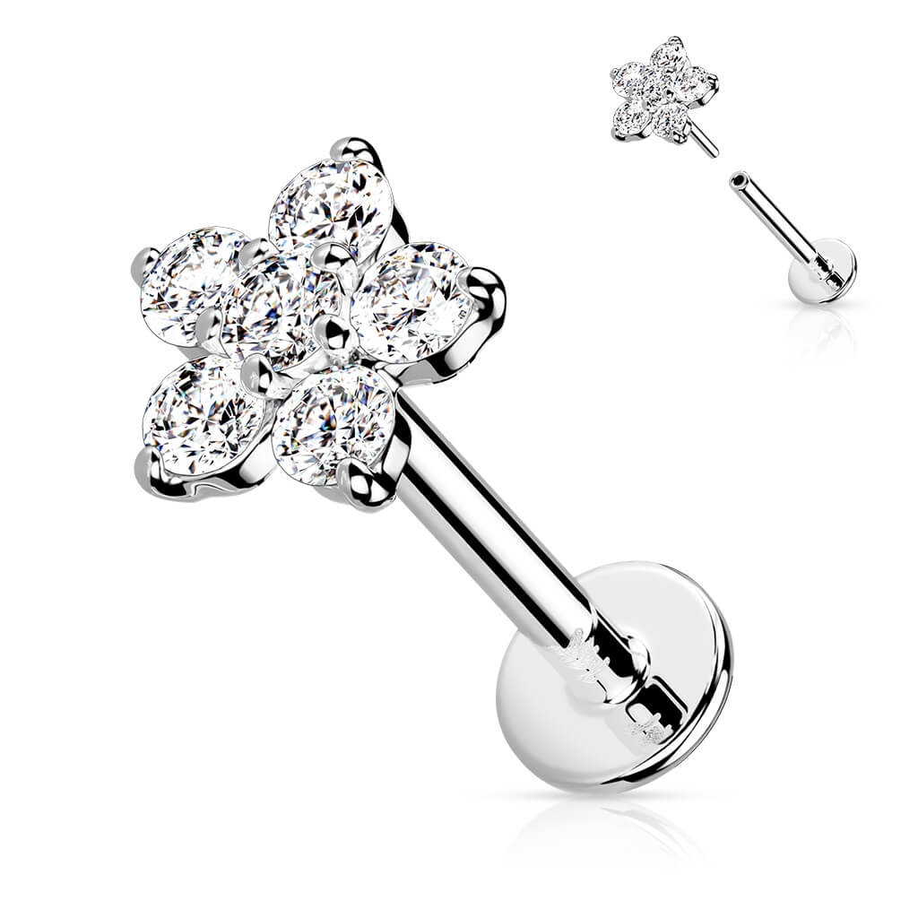 Solid Gold 14 Carat Labret Flower Zirconia Push-In