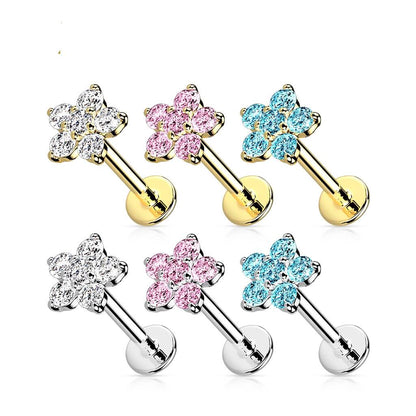 Solid Gold 14 Carat Labret Flower Zirconia Push-In