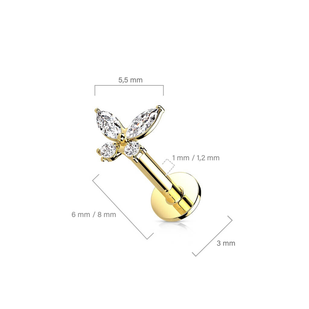 Solid Gold 14 Carat Labret Butterfly Zirconia Push-In