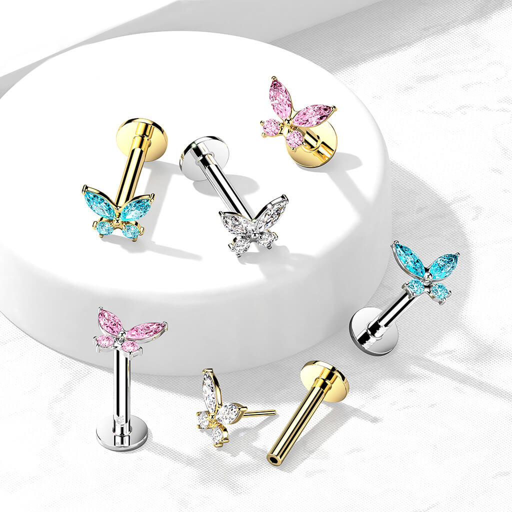 Solid Gold 14 Carat Labret Butterfly Zirconia Push-In