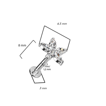 Złoto 585 labret kwiatek cyrkonia push-in