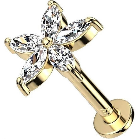 14 Karat Gold Labret Blume Zirkonia Gelbgold Weißgold Push-In