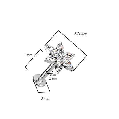 Złoto 585 labret kwiatek cyrkonia push-in